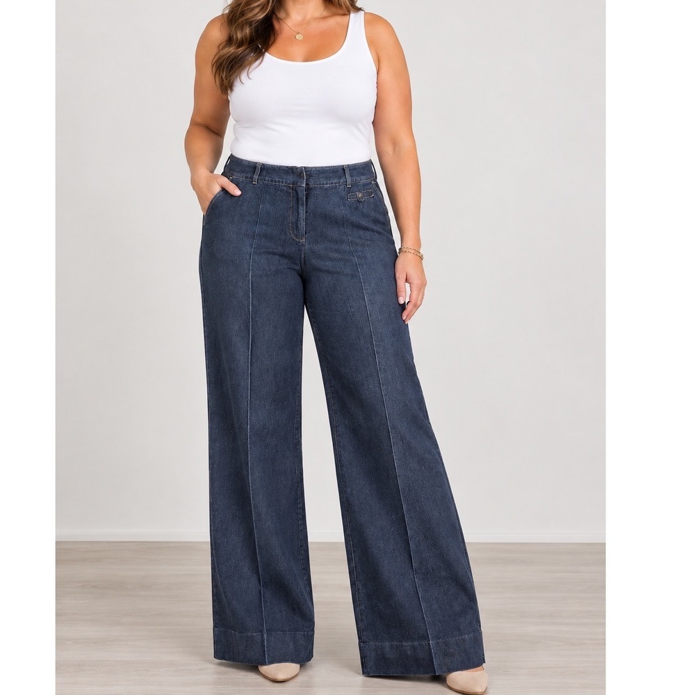 Robert Louis Dark Wash Wide Leg Denim Trousers Size 16 Stretch Creased Front